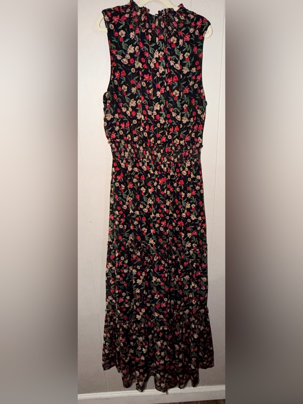 Floral Smocked Waist Maxi Dress - Black Background with Red & Cream Flowers